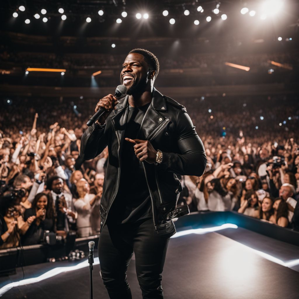 Kevin Hart performing stand-up comedy in a packed arena.