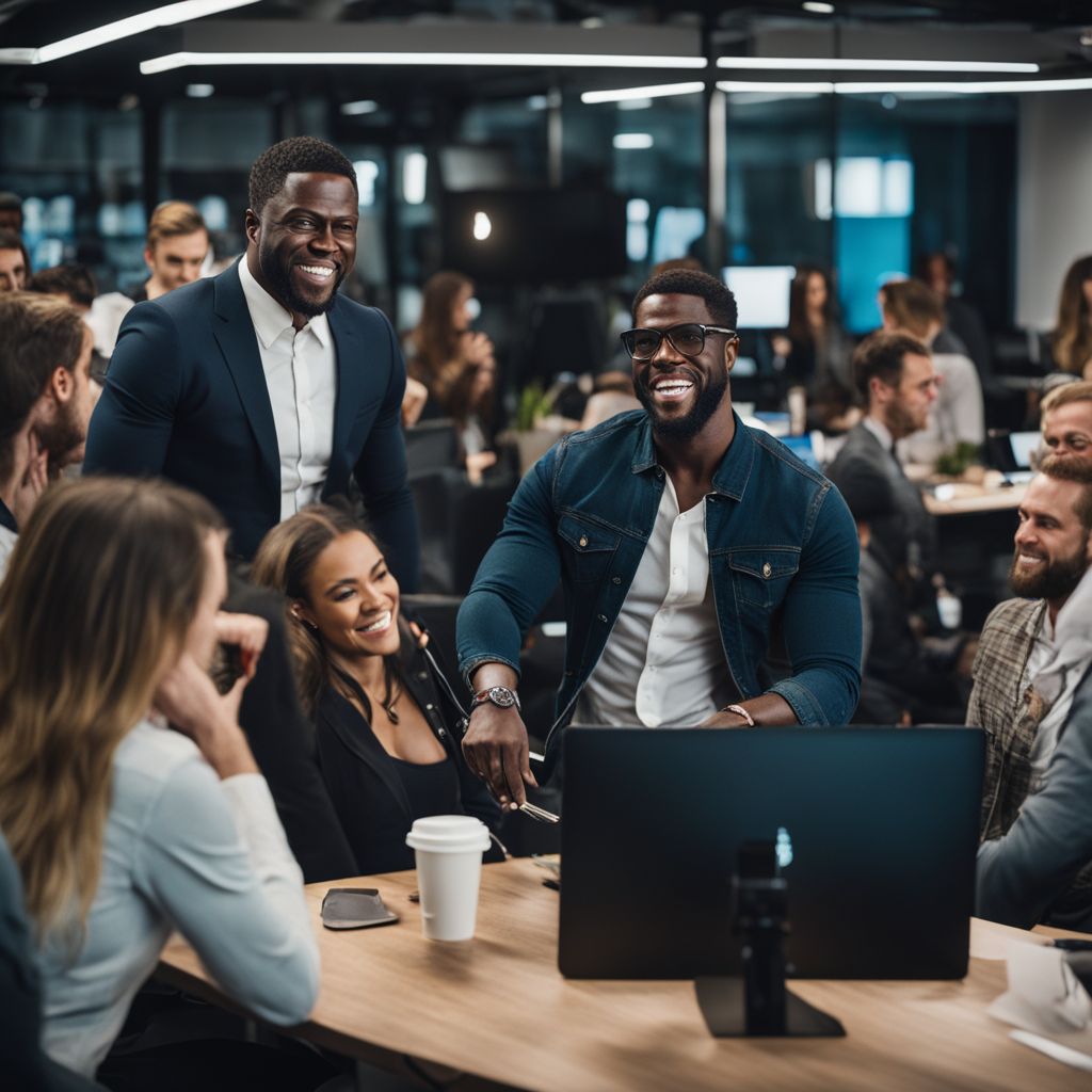 Kevin Hart in a bustling office surrounded by diverse tech entrepreneurs.